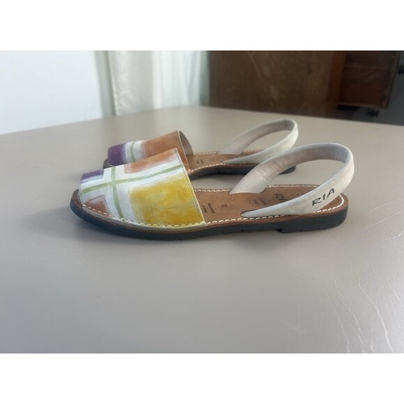 RIA MENORCA Sz 38/7 Cream Orange Green Leather Slip On Peep Toe Shoe Sandals - Picture 3 of 10